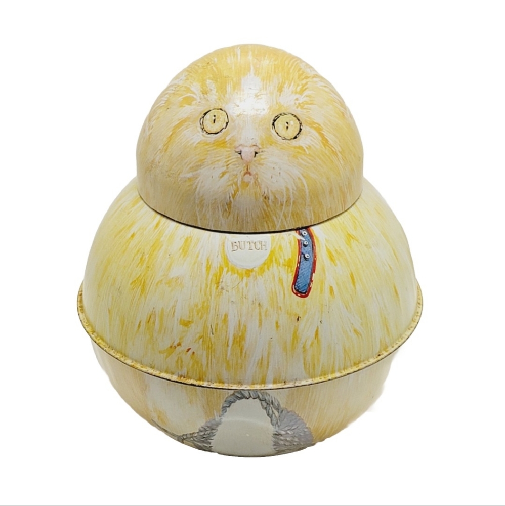 Vintage 80s Cara Goldberg Roly Poly Cat Snacks  Butch Tin Storage Decor 7" Tall.